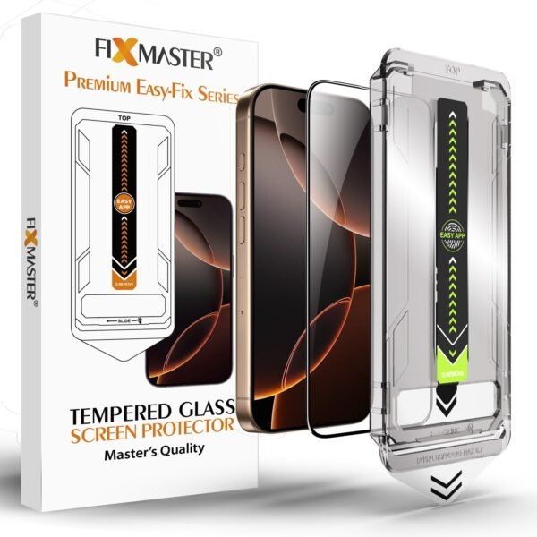 iPhone 16 Pro Max Uyumlu Fixmaster Premium Easy Fix Kolay Takma Aparatlı, Toz Bırakmayan Yüksek Kaliteli ve Dayanıklı Aluminosilikat Temperli Cam Ekran Koruyucu