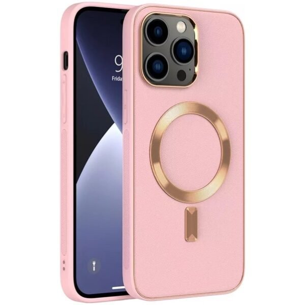 iPhone 14 Pro Max Uyumlu MagSafe Özellikli Pembe Deri Görünümlü Kılıf
