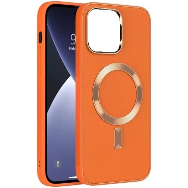 iPhone 14 Uyumlu Magnetic Deri Turuncu Kılıf