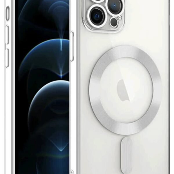 iPhone 14 Pro Max Uyumlu MagSafe Özellikli Gümüş Çerçeve Şeffaf Kılıf