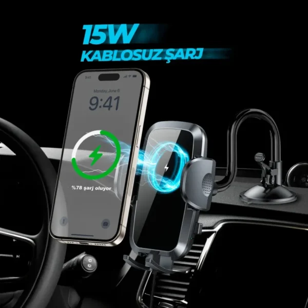 Kablosuz Şarjlı Vantuzlu Araç İçi Telefon Tutucu 15W -Vakumlu Akrobat Araba Telefon Tutacağı