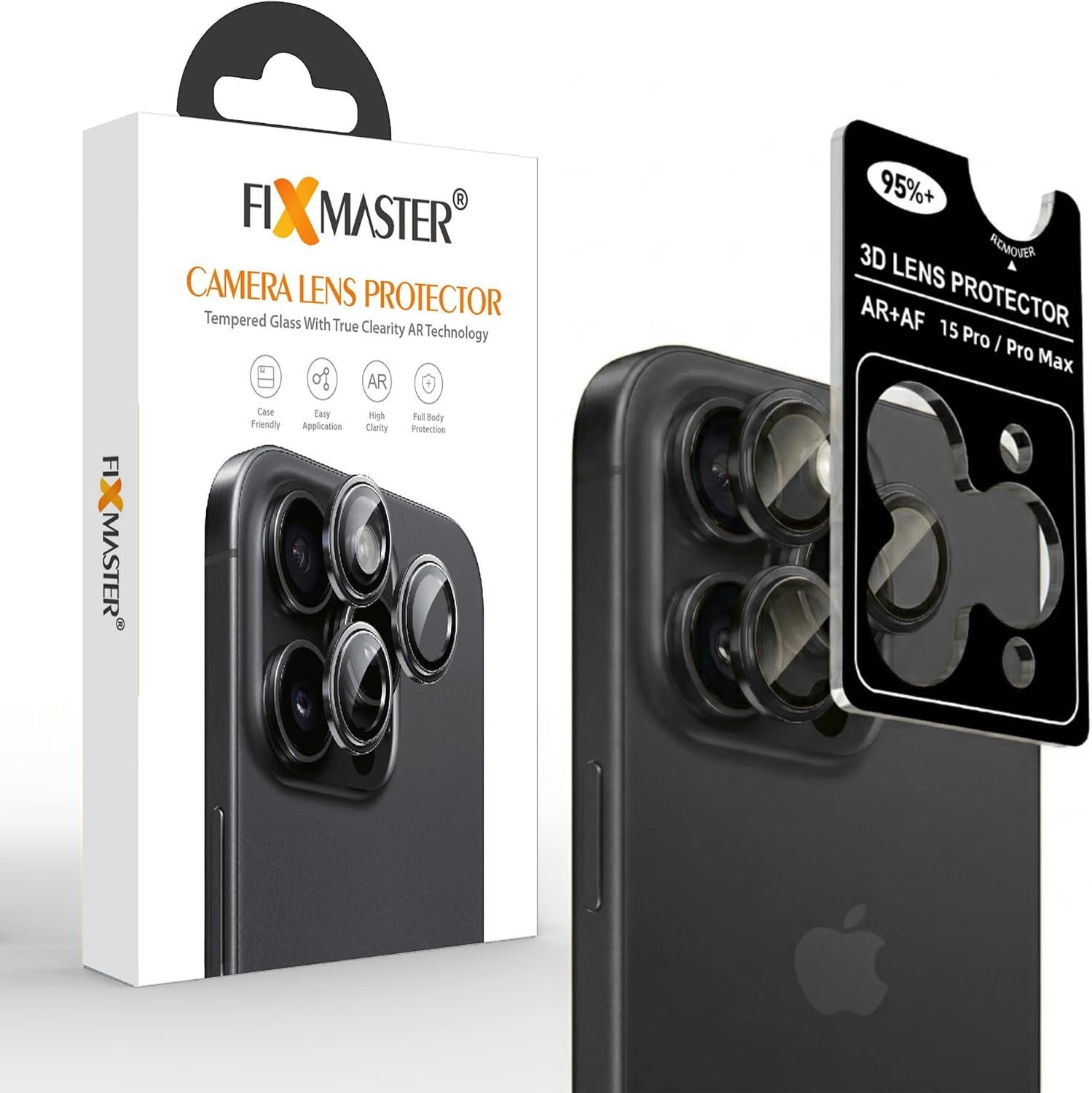 15 PRO SİYAH Fixmaster iphone 15 Pro - 15 Pro Max Uyumlu Kamera Lens Koruyucu, Siyah Titanyum, Orijinal Rengiyle Kusursuz Uyum, Darbe Emici, 9H Temperli Cam, Kolay Kurulum, Anti-Reflection Kaplama, Metal Çerçeve - Görsel 1