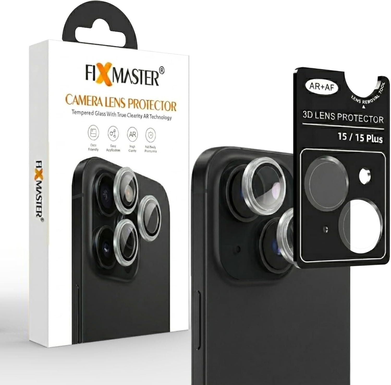 15 SİYAH Fixmaster iphone 15-15 Plus Uyumlu Kamera Lens Koruyucu, Siyah, Orijinal Rengiyle Kusursuz Uyum, Darbe Emici, 9H Temperli Cam, Kolay Kurulum, Anti-Reflection Kaplama, Metal Çerçeve - Görsel 1