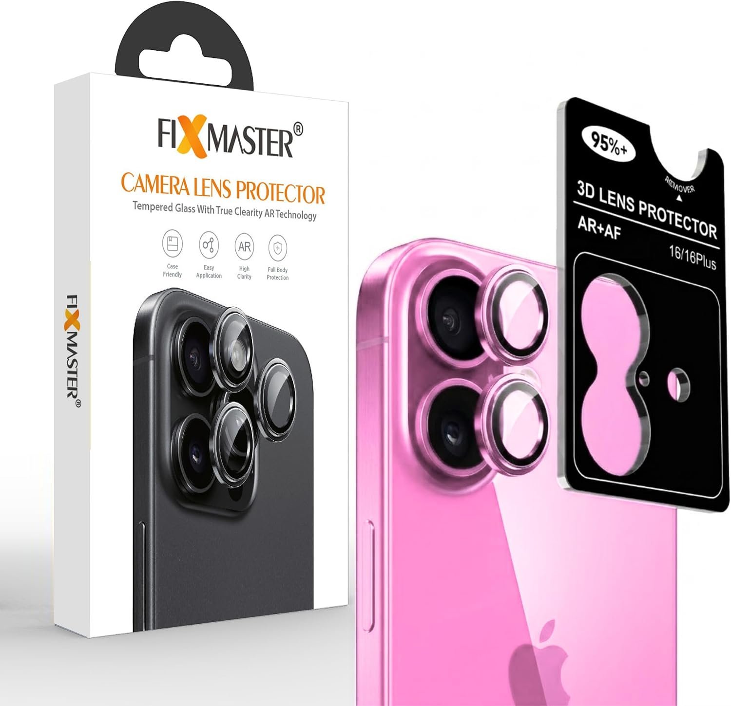 PEMBE16 Fixmaster iphone 16-16 Plus Uyumlu Kamera Lens Koruyucu, Pembe, Orijinal Rengiyle Kusursuz Uyum, Darbe Emici, 9H Temperli Cam, Kolay Kurulum, Anti-Reflection Kaplama, Metal Çerçeve - Görsel 1