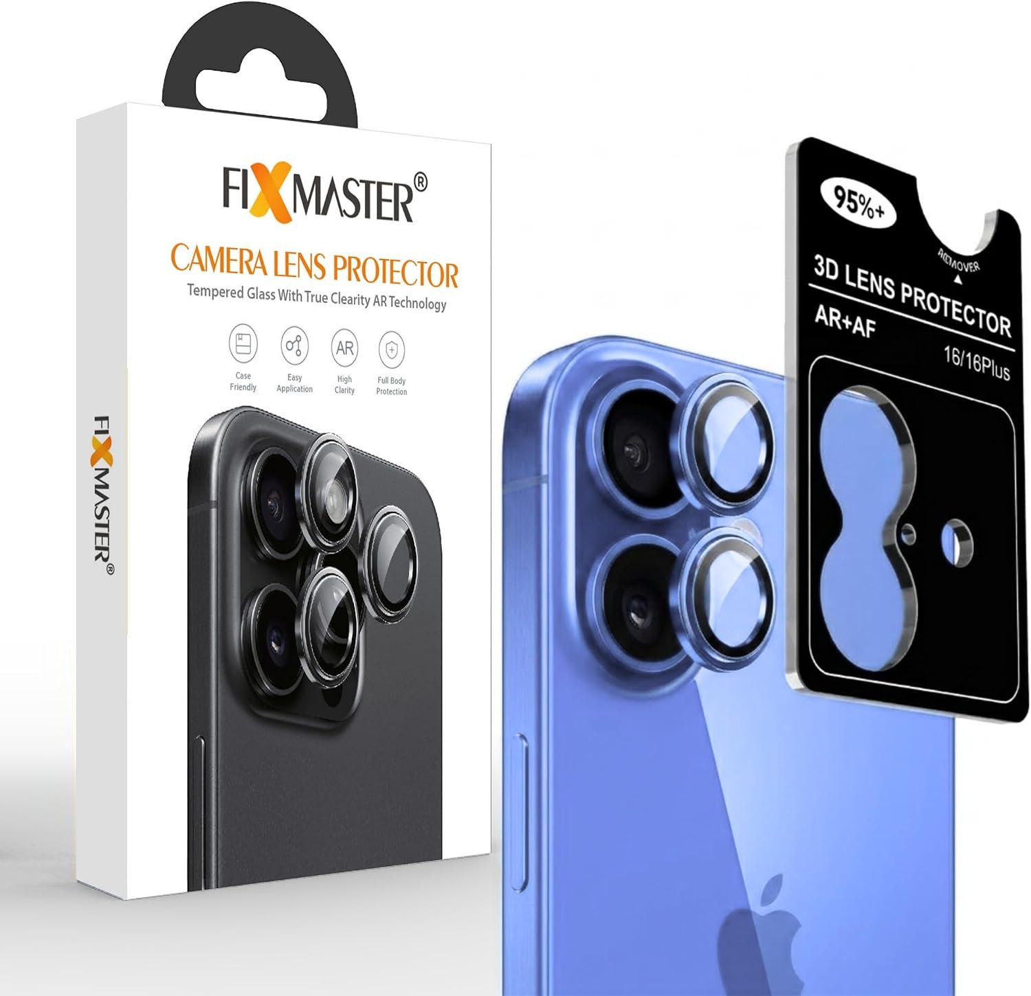 mavi16 Fixmaster iphone 16-16 Plus Uyumlu Kamera Lens Koruyucu, Mavi, Orijinal Rengiyle Kusursuz Uyum, Darbe Emici, 9H Temperli Cam, Kolay Kurulum, Anti-Reflection Kaplama, Metal Çerçeve - Görsel 1
